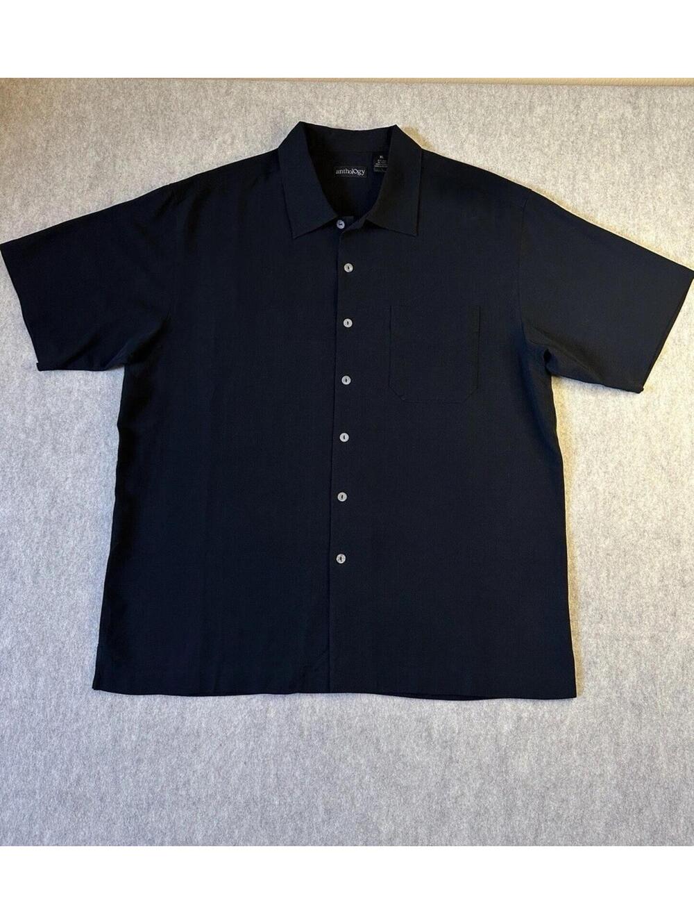 ANTHOLOGY Silk Hawaiian Camp Shirt Mens XL Black Tropical Heavy